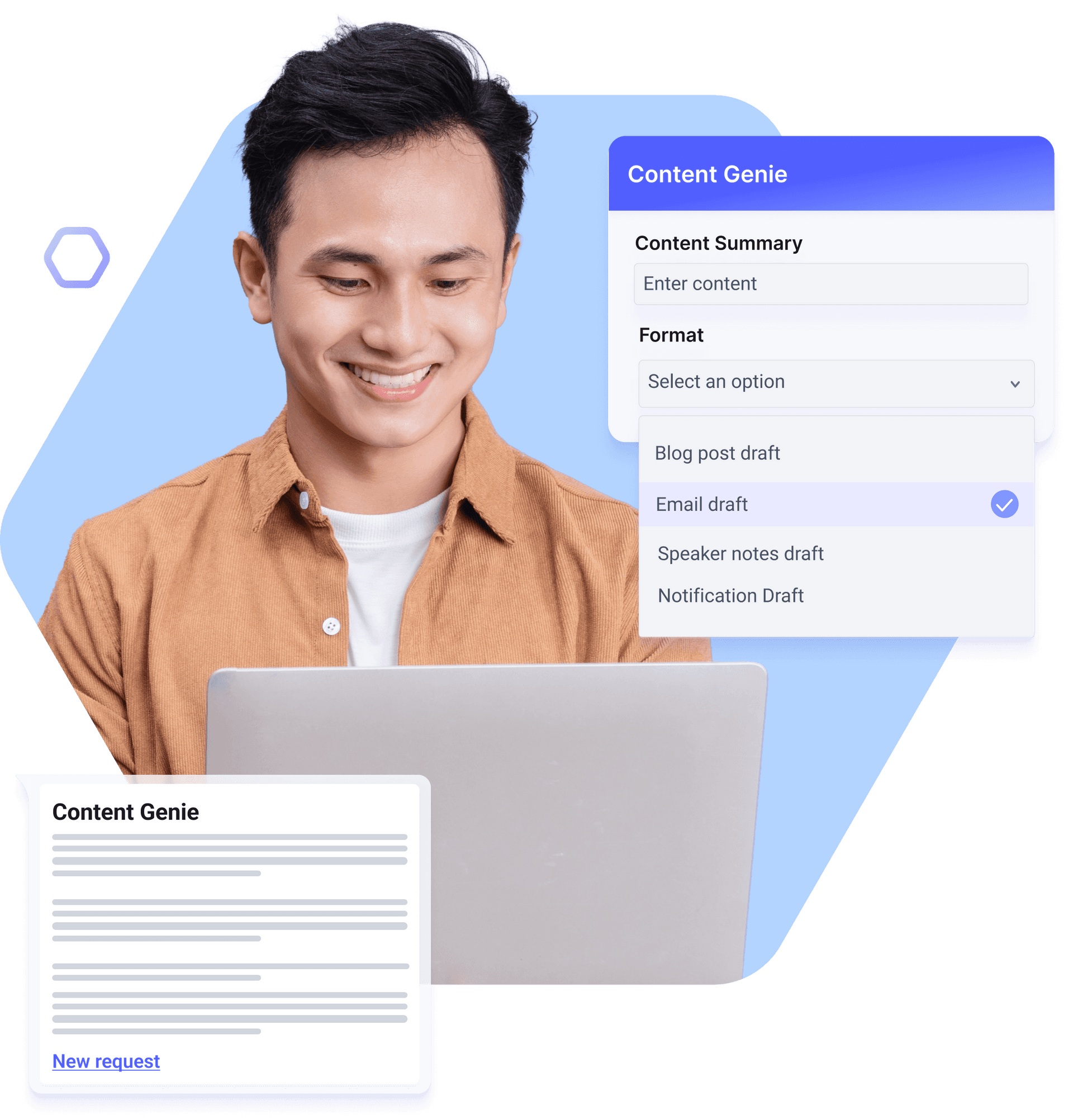 Use generative AI to draft business text such as blogs or emails using the Content Genie microapp.